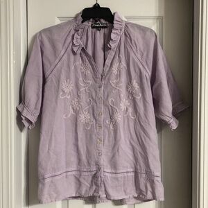 Sundance JP & Mattie Floral Embroidered Peasant Puff-Sleeve Cotton Blouse Lilac